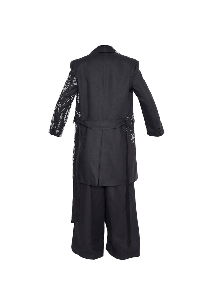 【CristaSeya】 BLACK french-LINEN COAT Cristaseya Double Breasted Trench with Leather Patch Black