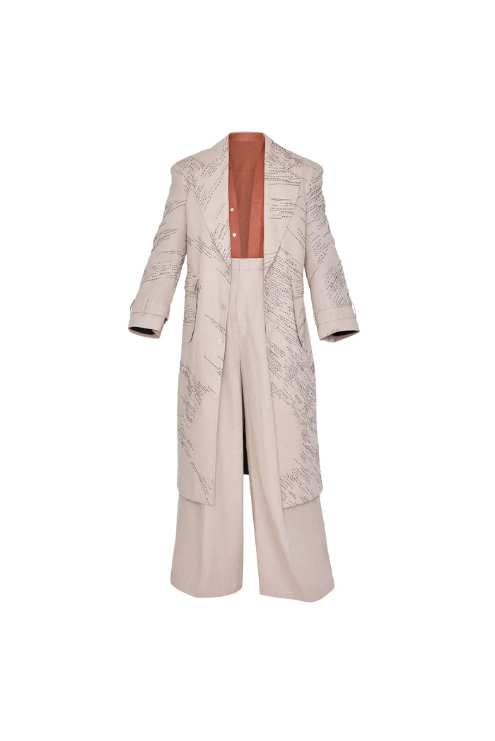 Beige Linen Coat with Black Embroidery