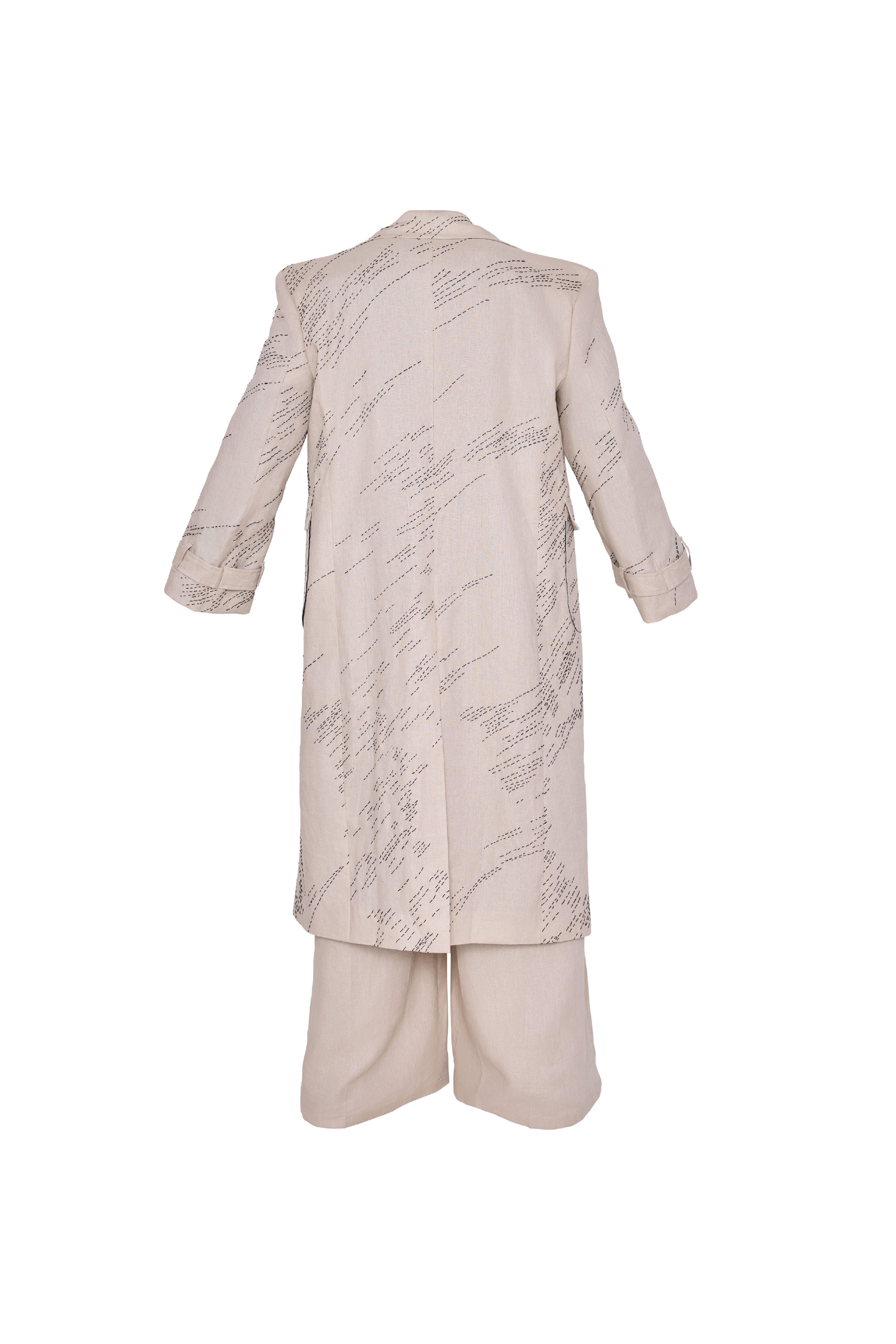 Beige Linen Coat with Black Embroidery