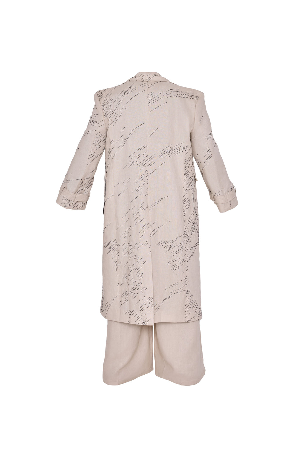 Beige Linen Coat with Black Embroidery