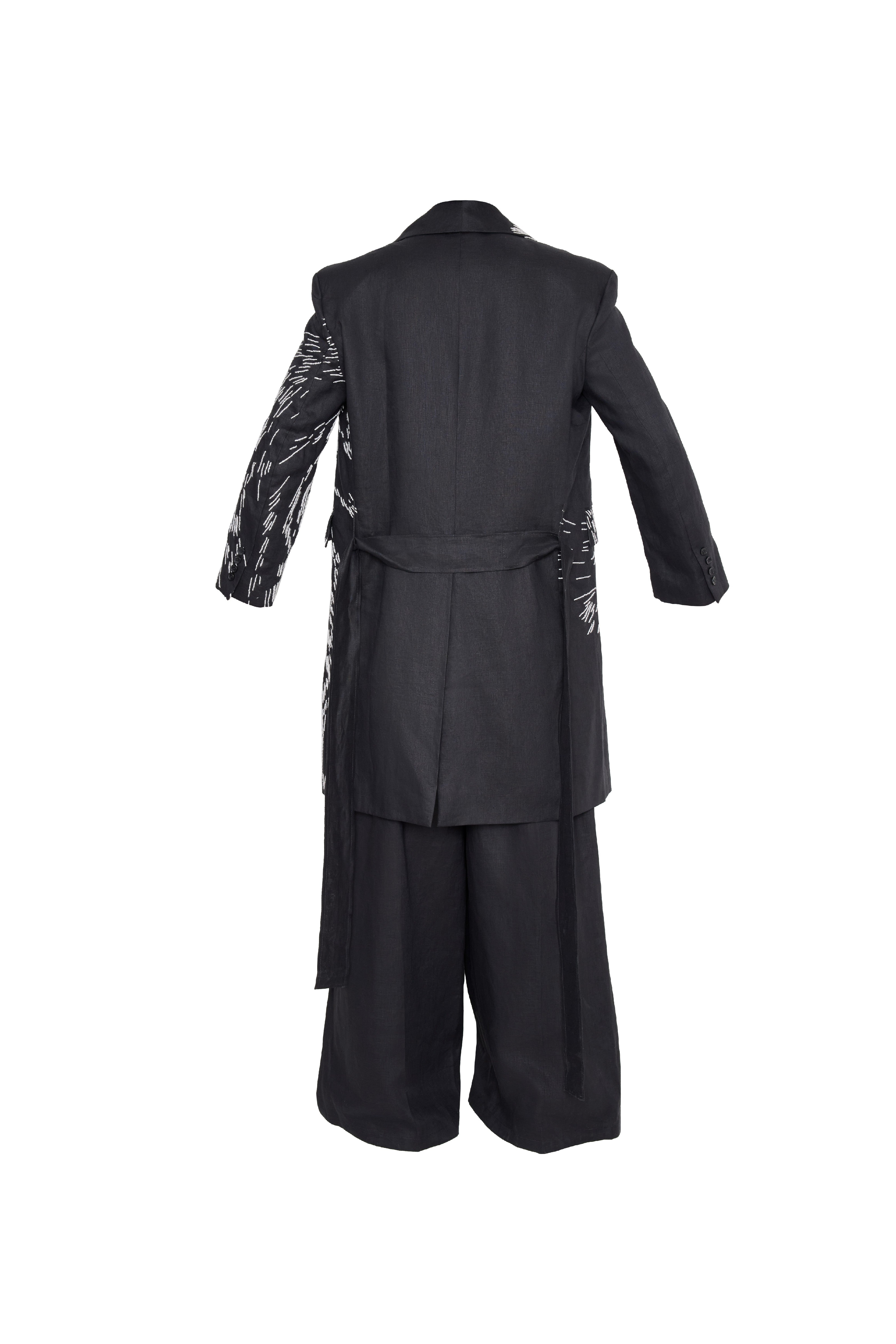 Black Linen Coat with Embroidery