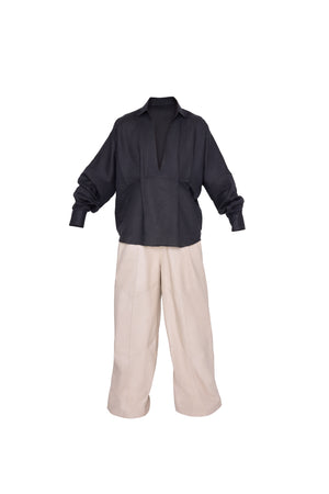 Black Pleated Linen Shirt