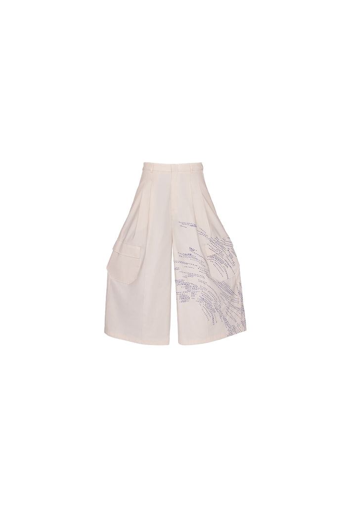 Cream Drill Pants with Blue Embroidery