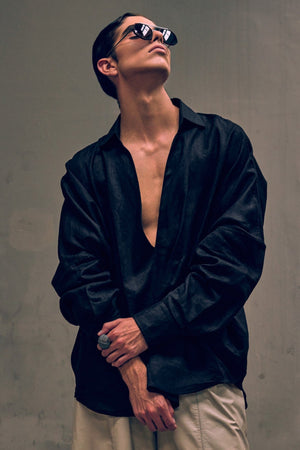Black Pleated Linen Shirt