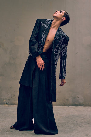 Black Linen Coat with Embroidery