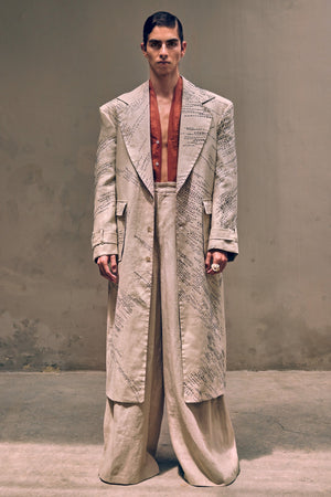 Beige Linen Coat with Black Embroidery